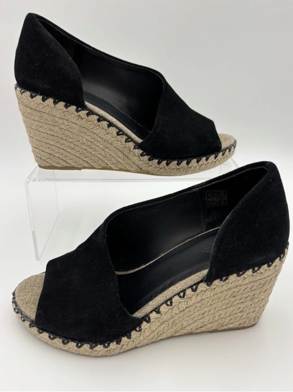 Vince Sonora black suede espadrille wedge sandals featuring an open peep-toe 8.5